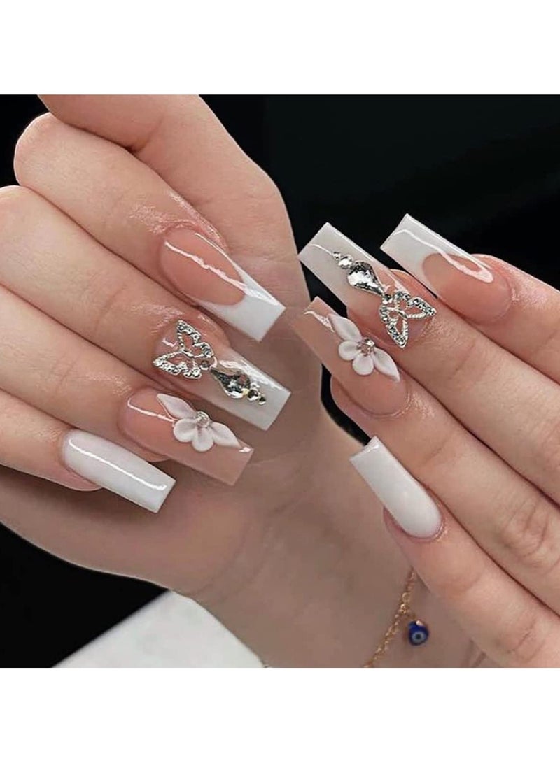 SYOSI 24 Pcs Press on Nails Long Square Shape Fake Nails, White Acrylic Nails Glossy Nude Glue on Nails French False Nail Tips, Diamond Cherry Bow Pearl Design Fake Nails Convenient Wear - Image 1
