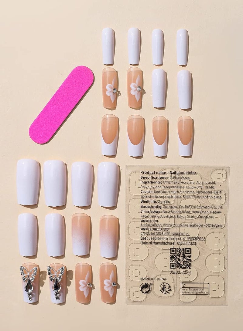 SYOSI 24 Pcs Press on Nails Long Square Shape Fake Nails, White Acrylic Nails Glossy Nude Glue on Nails French False Nail Tips, Diamond Cherry Bow Pearl Design Fake Nails Convenient Wear - Image 4