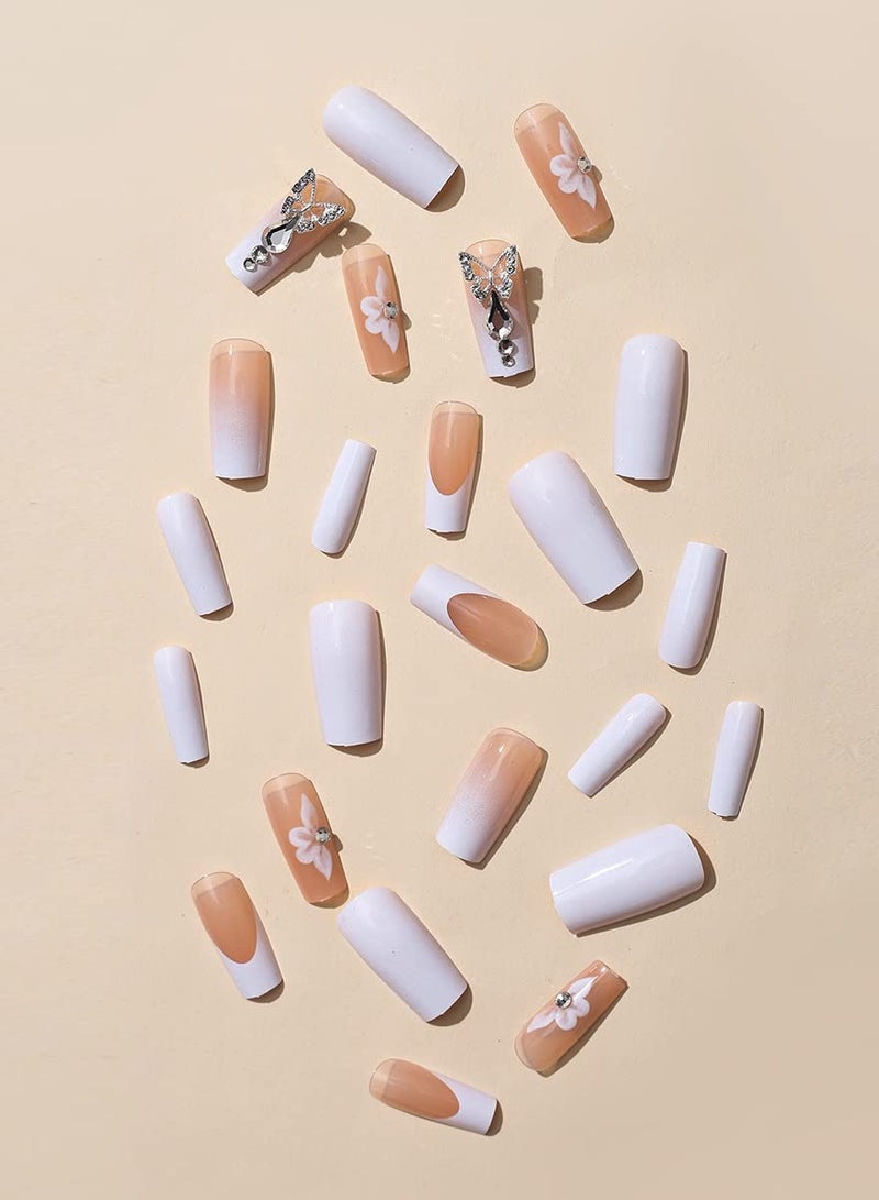 SYOSI 24 Pcs Press on Nails Long Square Shape Fake Nails, White Acrylic Nails Glossy Nude Glue on Nails French False Nail Tips, Diamond Cherry Bow Pearl Design Fake Nails Convenient Wear - Image 3
