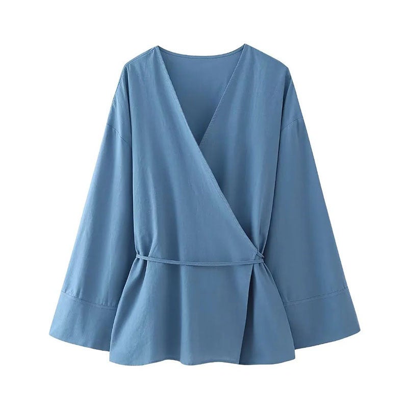Amazon womens wholesale 2024 new double placket comfortable linen kimono pants suit women Blue Top