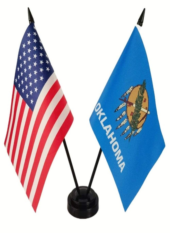 Zigvert America & Oklahoma Twin Desk Flag, US Oklahoma Table Flags, 8 x 5 Inches American & Oklahoma Deluxe Desk Flag Set - Miniature USA & Oklahoma Stick Flag with Flag Stand