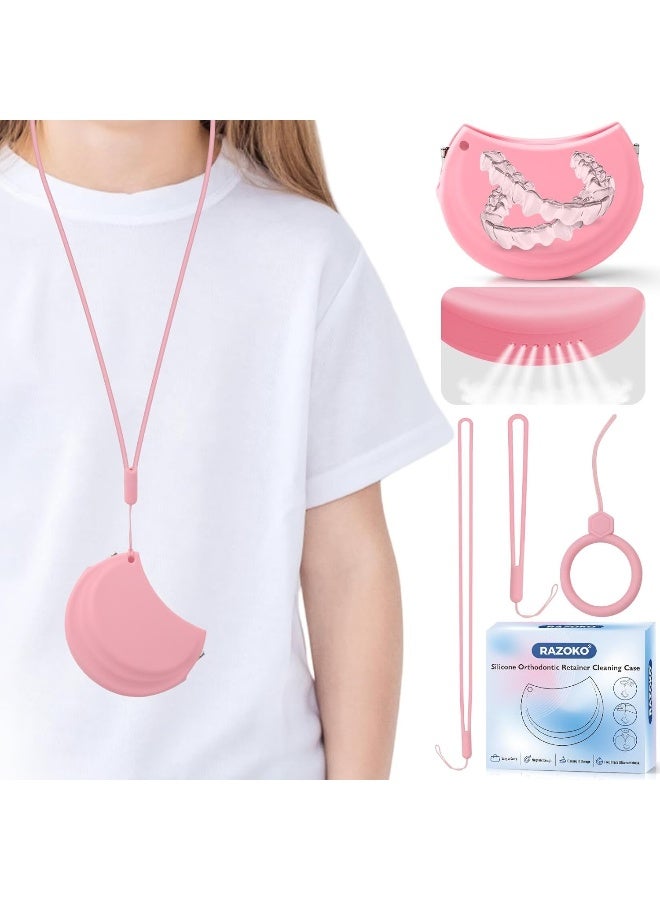 RAZOKO Silicone Retainer Case With 3 Lanyard Cute Aligner Case Vent Holes Night Mouth Guard Retainer Holder For Girl Women Kids Men For Travel Pink - Image 1