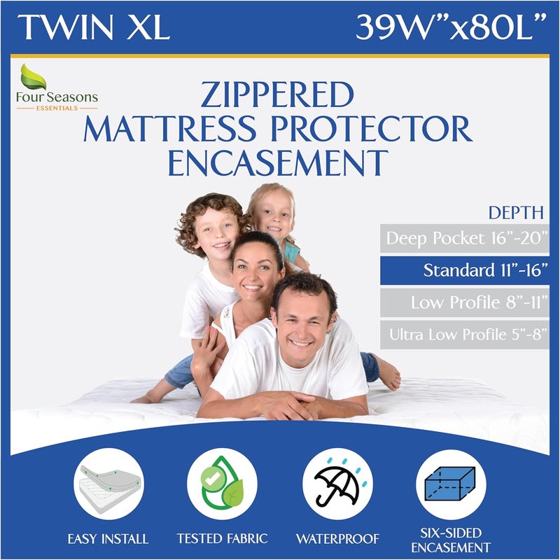 Four Seasons Essentials Twin Extra Long (XL) Mattress Protector Bedbug Waterproof Zippered Encasement Hypoallergenic Premium Quality Cover Protects Against Dust Mites Allergens - Image 1
