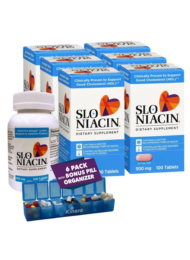 Kinara Slo Niacin 500mg Flush Free 100 Capsules/Tablets 6-Pack, Vitamin B3, Heart & Nutritional Health, Energy Production, Circulation, Skin Pill Organizer - Image 1