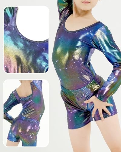 JiAmy Gymnastics Leotards for Girls Cross Back, Long Sleeve Sparkly Dance Biketards with Shorts Ballet Outfit for 6-7 Years Gradient Purple - Image 3