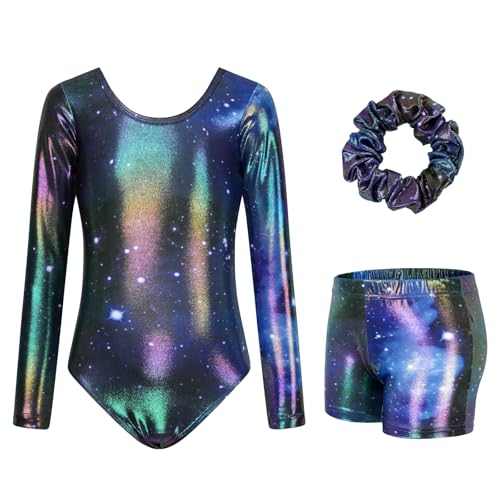 JiAmy Gymnastics Leotards for Girls Cross Back, Long Sleeve Sparkly Dance Biketards with Shorts Ballet Outfit for 6-7 Years Gradient Purple - Image 2
