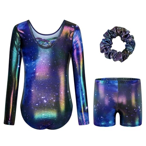 JiAmy Gymnastics Leotards for Girls Cross Back, Long Sleeve Sparkly Dance Biketards with Shorts Ballet Outfit for 6-7 Years Gradient Purple - Image 1