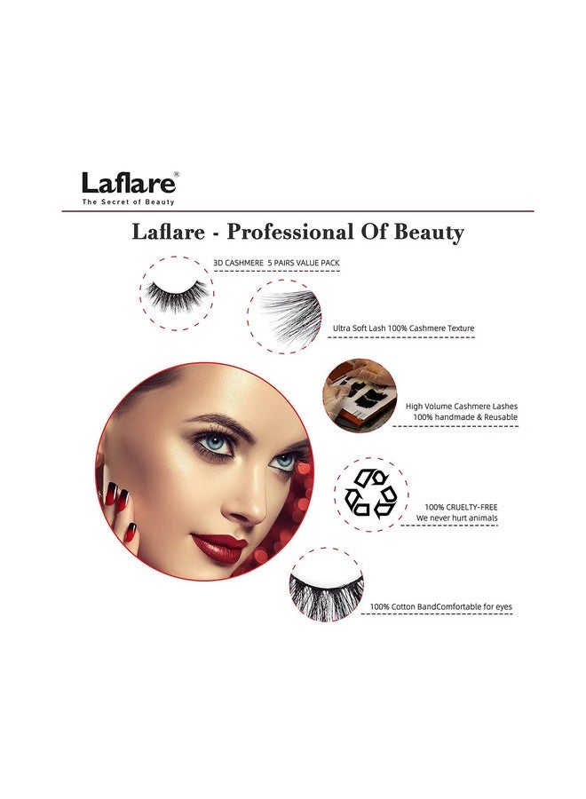Laflare 3D Cashmere False Eyelashes Multipack Ultra Soft Glam Luxurious Crueltyfree Reusable Fake Eyelashes 5 Pairs Value Pack (109X5P) - Image 5