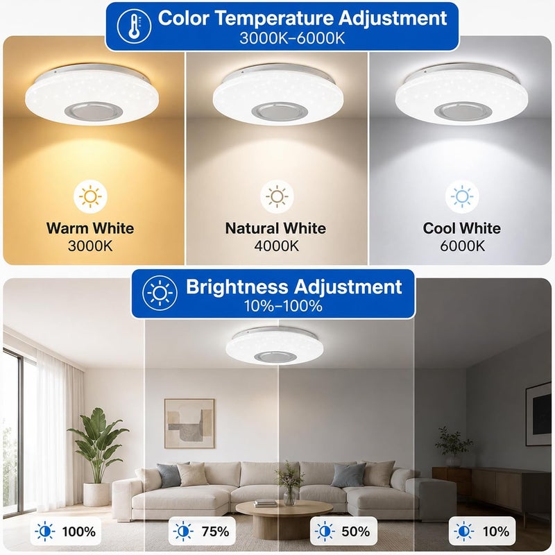 رايتشر ضوء سقفي ذكي للموسيقى بتقنية RGB، مزود بمكبر صوت Bluetooth، قوة 36 واط، سطوع 3600 لومن، حجم 16 بوصة، يدعم التحكم عبر تطبيق مخصص وجهاز تحكم عن بعد، يمكن تعديل سطوعه، مناسب لغرف النوم والصالون وغرف الألعاب. - Image 4