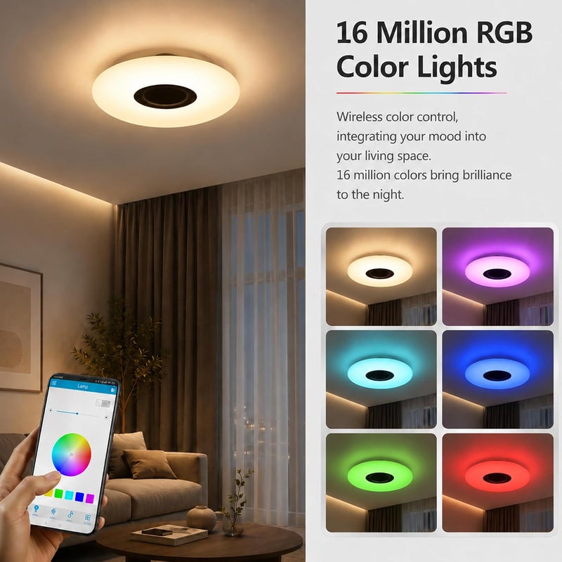 رايتشر ضوء سقفي ذكي للموسيقى بتقنية RGB، مزود بمكبر صوت Bluetooth، قوة 36 واط، سطوع 3600 لومن، حجم 16 بوصة، يدعم التحكم عبر تطبيق مخصص وجهاز تحكم عن بعد، يمكن تعديل سطوعه، مناسب لغرف النوم والصالون وغرف الألعاب. - Image 5