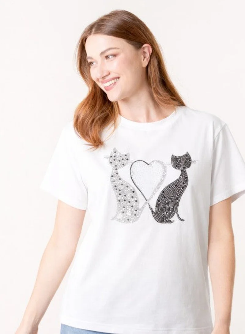 بلو فانيلا Embellished Love Cat T-Shirt
