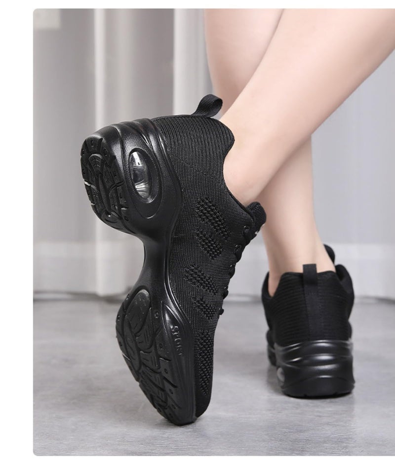 Fenlogft Women's Breathable Air Cushion Jazz Dance Shoes Lace Up Mesh Sneakers Athletic Walking Dance Thick Soled (Black,7) - Image 2