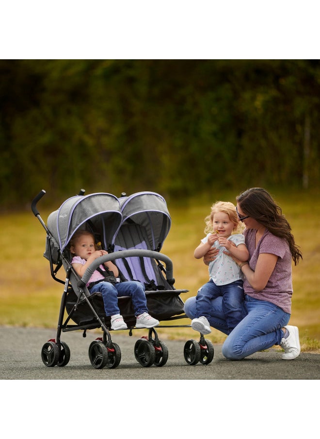 Dream On Me Volgo Twin Umbrella Stroller In Purple, Lightweight Double Stroller For Infant & Toddler, Compact Easy Fold, Large Storage Basket, Large And Adjustable Canopy  - Image 2
