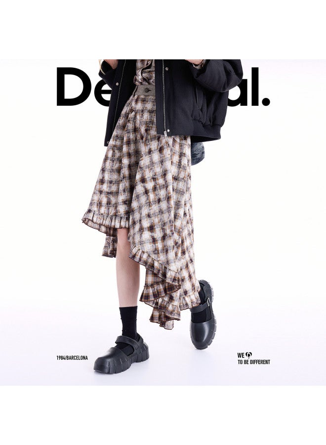 DESIGUAL تنورة جينز جديدة بتصميم مربعات ملونة لخريف/شتاء 2025 مع حواف مموجة - Image 4