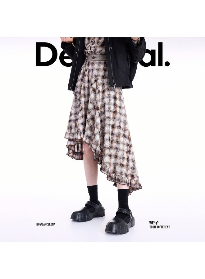 DESIGUAL تنورة جينز جديدة بتصميم مربعات ملونة لخريف/شتاء 2025 مع حواف مموجة - Image 3