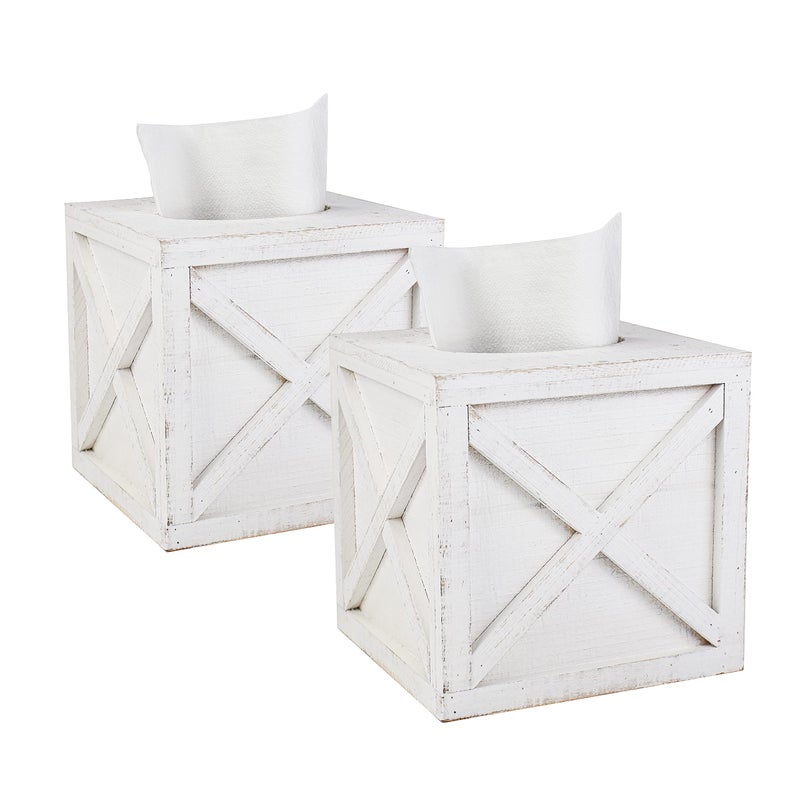 Karisky 2 Pack Square Rustic Wood Tissue Box Cover Holder with SlideOut Bottom Panel Farmhouse Facial Paper Dispenser for Bathroom Vanity Bedroom Night Stands Office 6 x 6 inch White