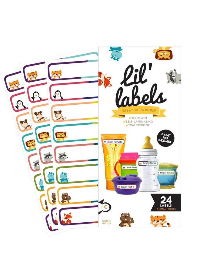 Lil' Labels Bottle Labels, Write-On, Self-Laminating, Waterproof Kids Name Labels for Baby Bottles, Sippy Cup for Daycare School, Dishwasher Safe (Animal Friends), Made in The USA - Image 1