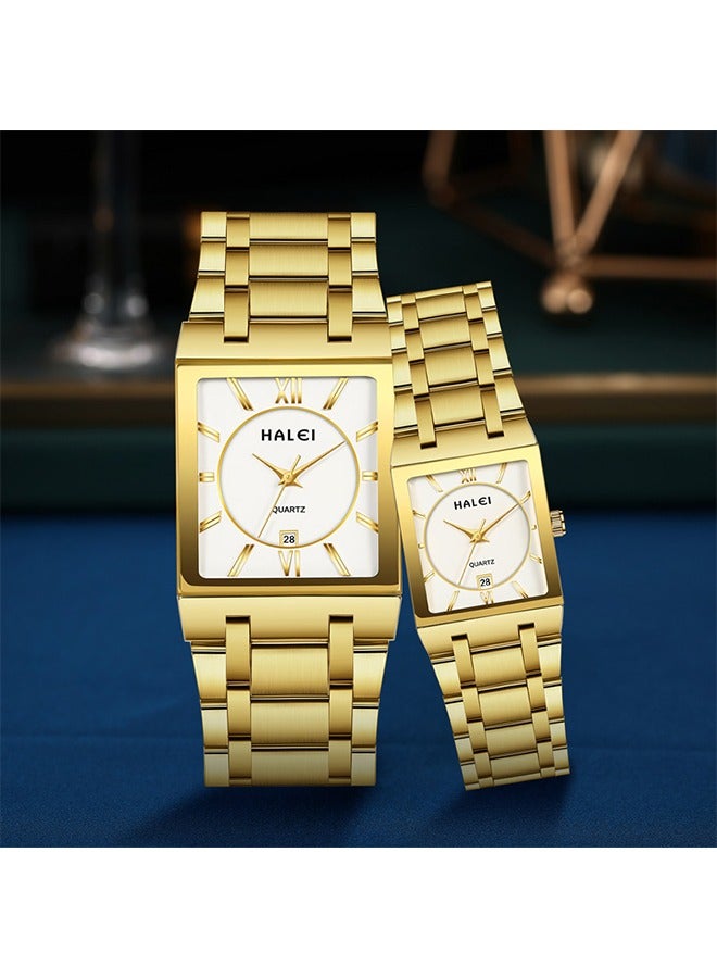 HALEI HALEI Luxury 2-Piece Square Couple Watches Gold-white Tone Stainless Steel Quartz Calendar Wristwatch Rhinestone His and Her Watch Set - Image 2