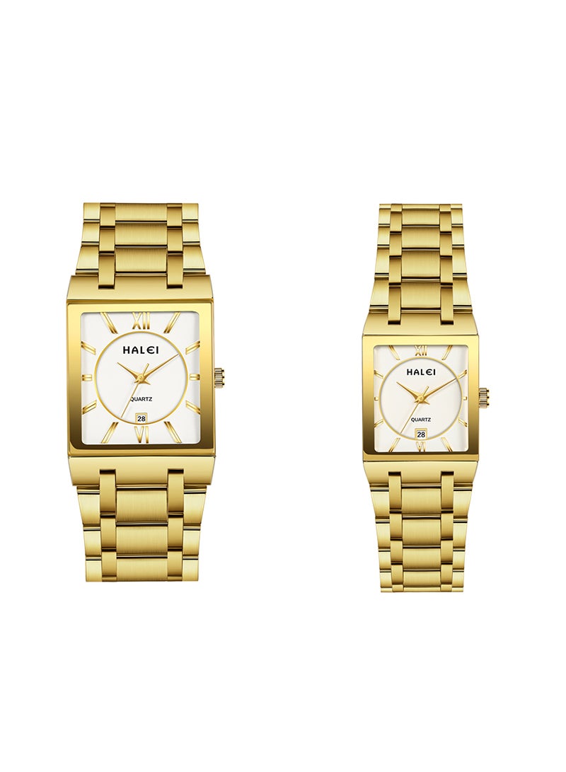 HALEI HALEI Luxury 2-Piece Square Couple Watches Gold-white Tone Stainless Steel Quartz Calendar Wristwatch Rhinestone His and Her Watch Set - Image 3