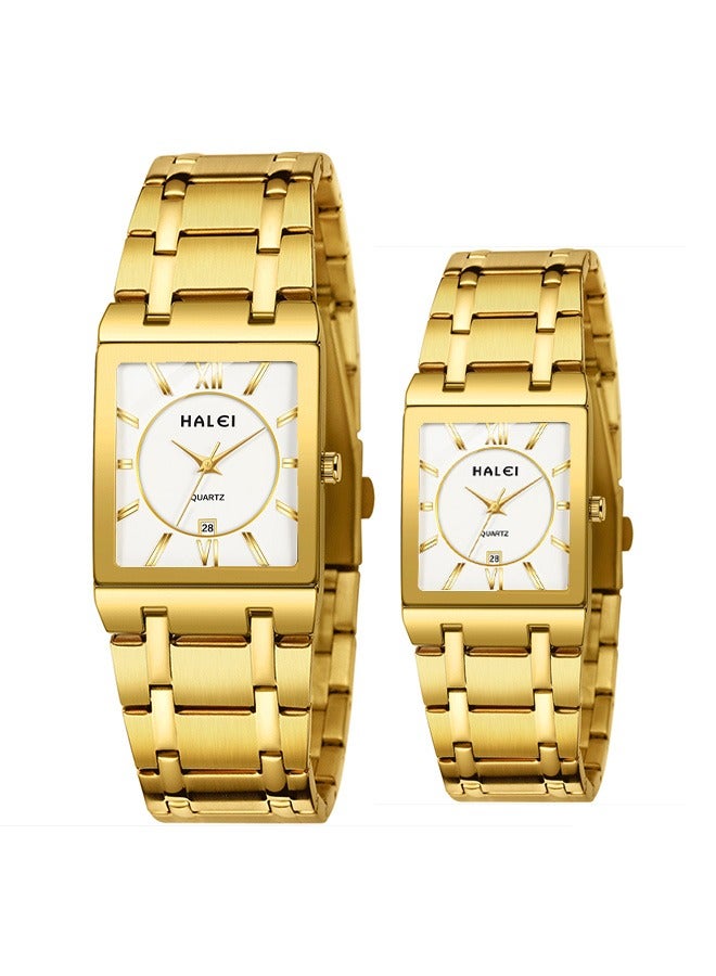HALEI HALEI Luxury 2-Piece Square Couple Watches Gold-white Tone Stainless Steel Quartz Calendar Wristwatch Rhinestone His and Her Watch Set - Image 1