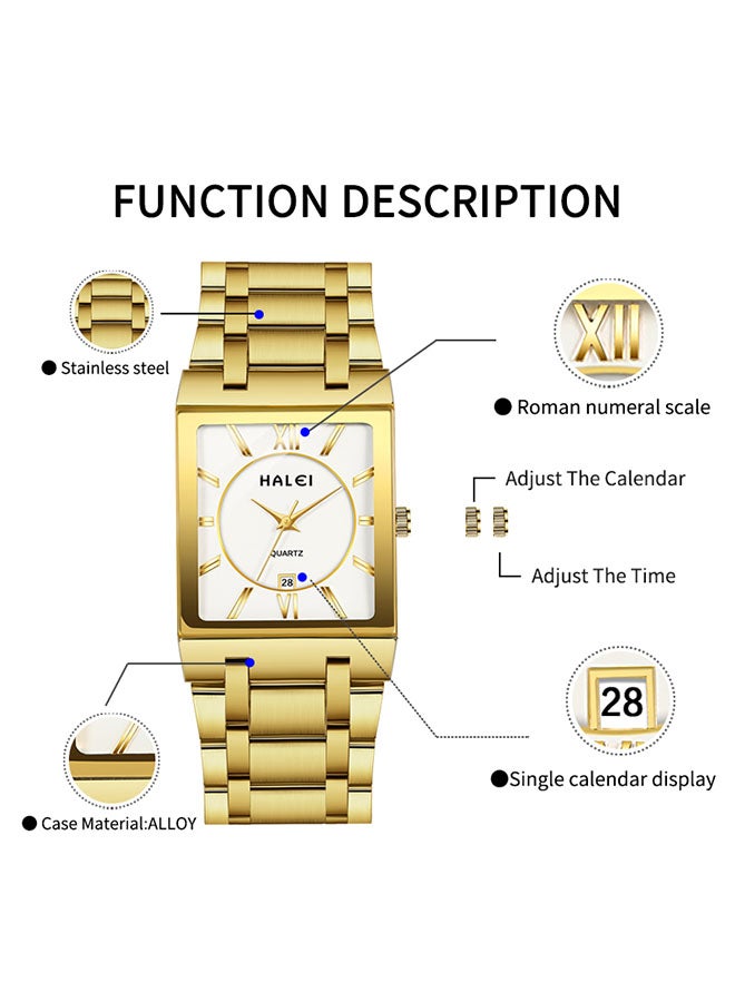 HALEI HALEI Luxury 2-Piece Square Couple Watches Gold-white Tone Stainless Steel Quartz Calendar Wristwatch Rhinestone His and Her Watch Set - Image 4