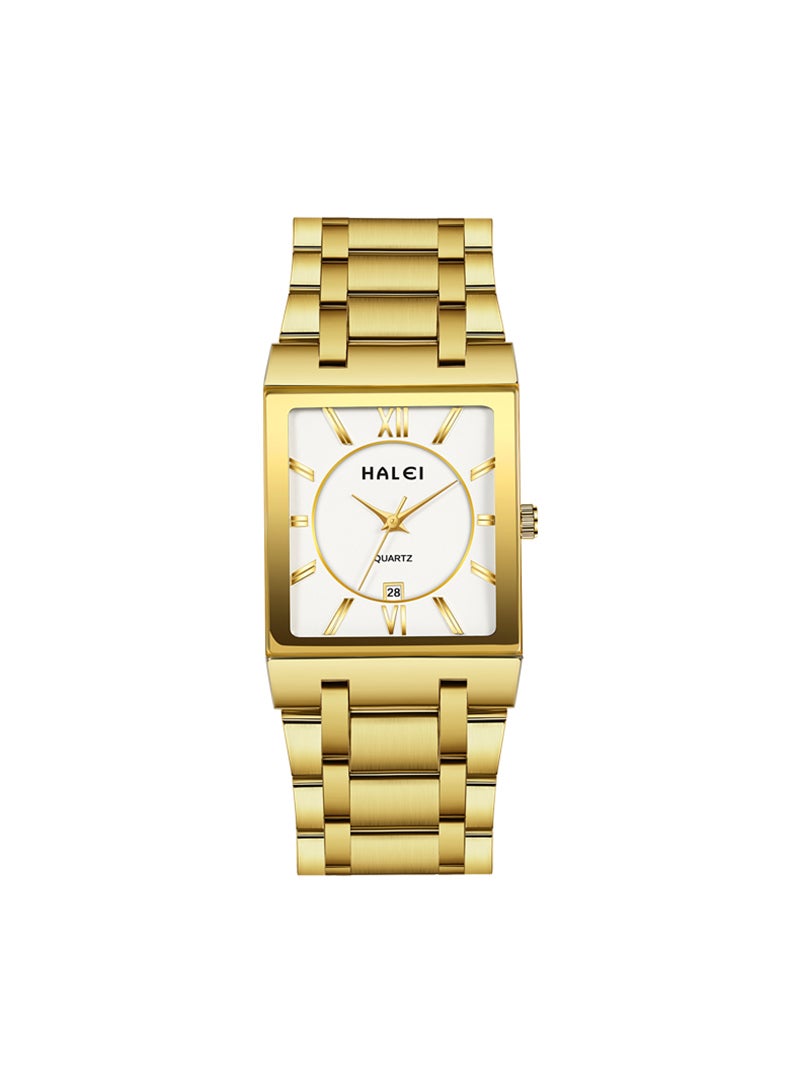 HALEI HALEI Luxury 2-Piece Square Couple Watches Gold-white Tone Stainless Steel Quartz Calendar Wristwatch Rhinestone His and Her Watch Set - Image 5