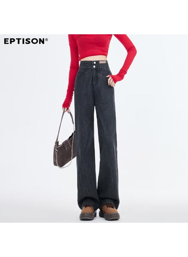 EPTISON Yipintiancheng Loose High-waist Slim Straight-leg Jeans Casual Unique Double-on Design Autumn Women's Simple Slim Fit Versatile Pants - Image 3
