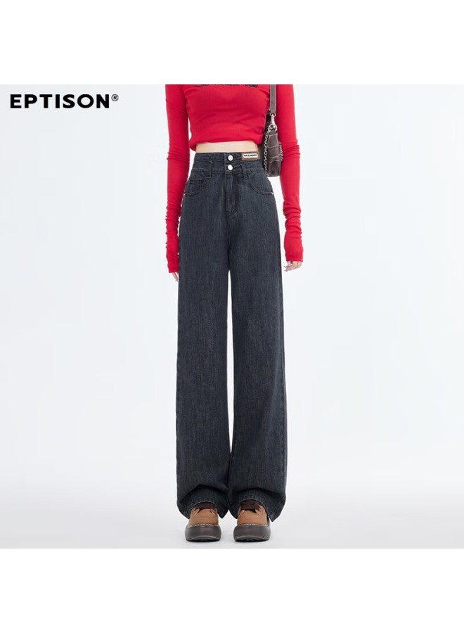 EPTISON Yipintiancheng Loose High-waist Slim Straight-leg Jeans Casual Unique Double-on Design Autumn Women's Simple Slim Fit Versatile Pants - Image 2