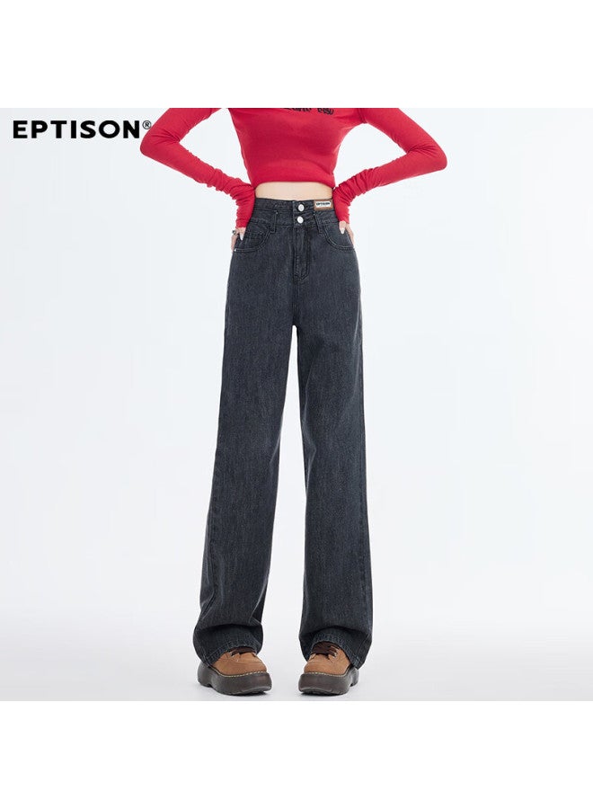 EPTISON Yipintiancheng Loose High-waist Slim Straight-leg Jeans Casual Unique Double-on Design Autumn Women's Simple Slim Fit Versatile Pants - Image 4