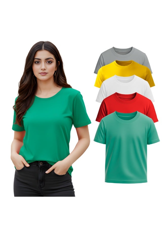 PRINTSHOP4ME Pack Of 5 Women's Round Neck T-Shirts | Short Sleeve | Cotton Tees | Comfortable Casual Wear For Daily Use, Gym - Image 1