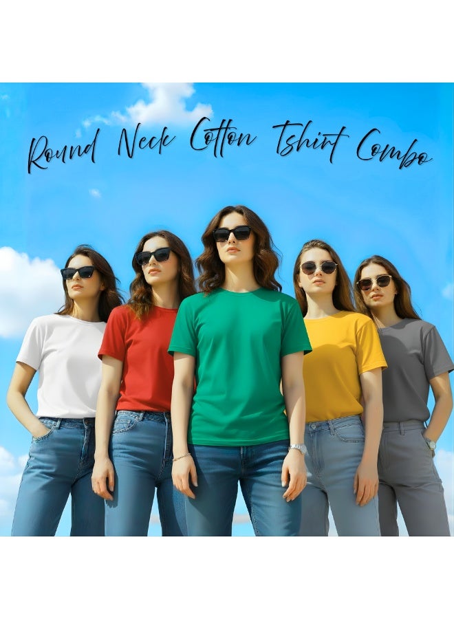 PRINTSHOP4ME Pack Of 5 Women's Round Neck T-Shirts | Short Sleeve | Cotton Tees | Comfortable Casual Wear For Daily Use, Gym - Image 4