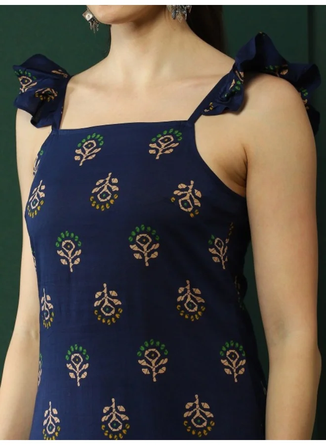 AKS Navy Blue Floral Printed Straight Kurta With Pant
