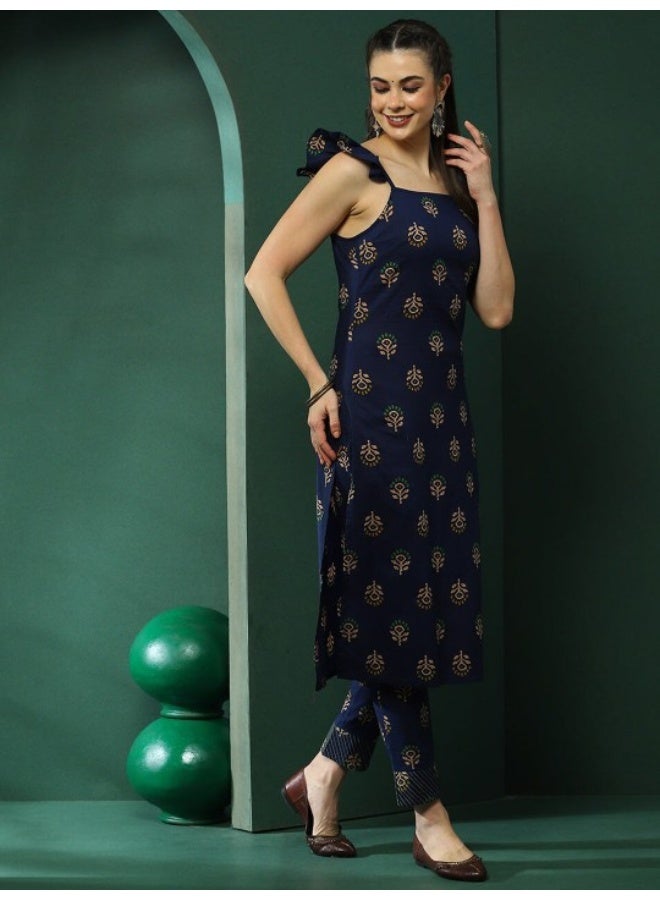 AKS Navy Blue Floral Printed Straight Kurta With Pant - Image 4