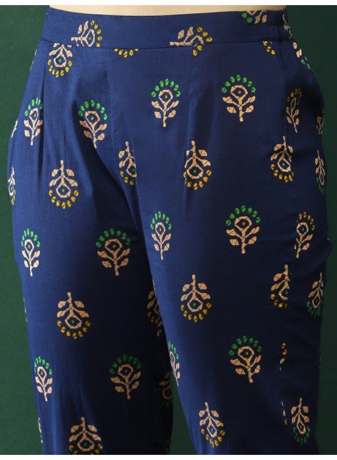 AKS Navy Blue Floral Printed Straight Kurta With Pant - Image 3