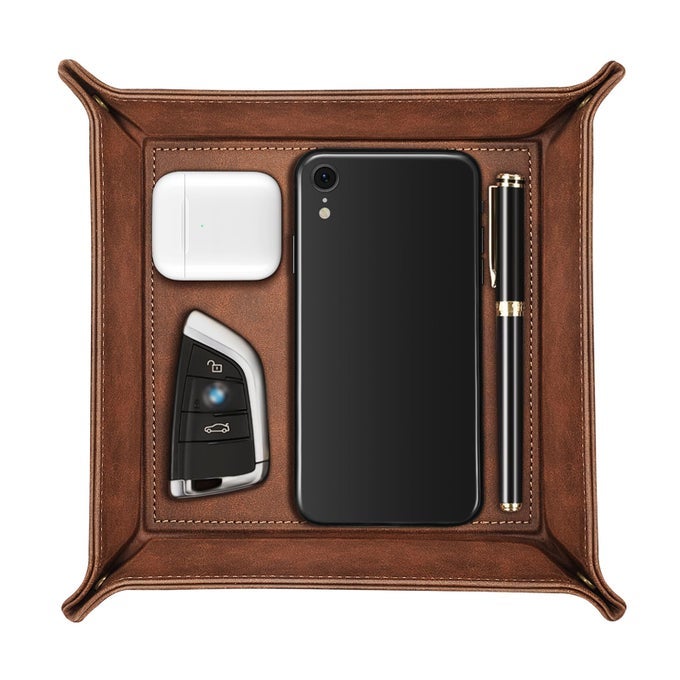 Valet Tray Desktop Storage Organizer Premium PU Leather Catchall Bedside Vanity Tray Nightstand Caddy Holder for Remote Controller Keys Phone Wallet Coin Jewelry Brown