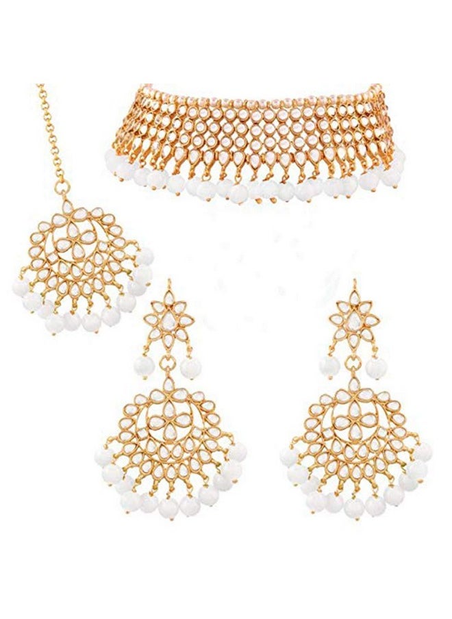 Aheli Kundan Beaded Necklace Dangle Earrings Maang Tikka Indian Bollywood Style Fashion Ethnic Jewelry Set For Women  - Image 1