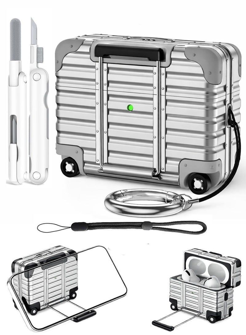 Suitcase Design AirPods Pro 3 Case with Lock & Phone Stand, Cute Hard Protective Cover with Cleaner Kit & Keychain, Full Protection Case for AirPods Pro 3rd 2025, Silver - Image 1