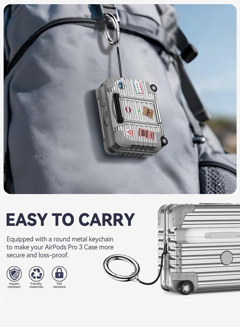 Suitcase Design AirPods Pro 3 Case with Lock & Phone Stand, Cute Hard Protective Cover with Cleaner Kit & Keychain, Full Protection Case for AirPods Pro 3rd 2025, Silver - Image 4