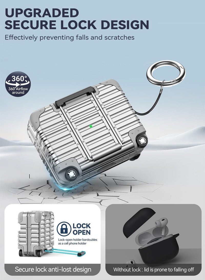 Suitcase Design AirPods Pro 3 Case with Lock & Phone Stand, Cute Hard Protective Cover with Cleaner Kit & Keychain, Full Protection Case for AirPods Pro 3rd 2025, Silver - Image 3