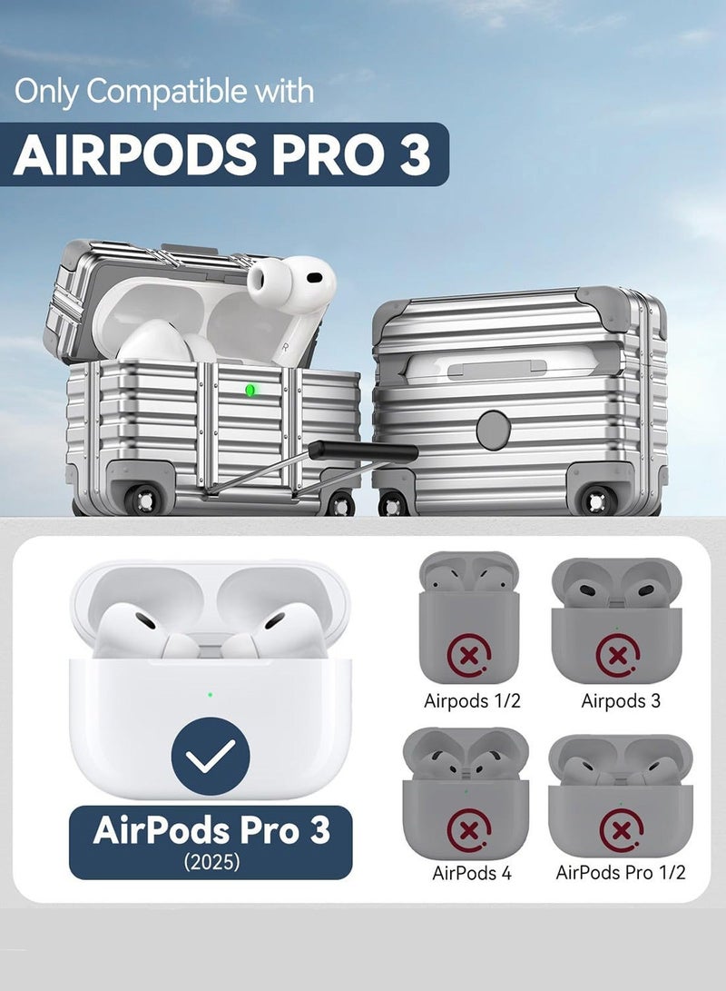 Suitcase Design AirPods Pro 3 Case with Lock & Phone Stand, Cute Hard Protective Cover with Cleaner Kit & Keychain, Full Protection Case for AirPods Pro 3rd 2025, Silver - Image 5