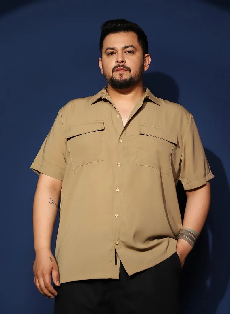 Instafab Plus Instafab Plus Men's Khaki Beige Relaxed Utility Shirt For Casual Wear | Spread Collar | Short Regular Sleeves | Button Closure | Plus Size Shirt Crafted With Comfort Fit For Everyday Wear