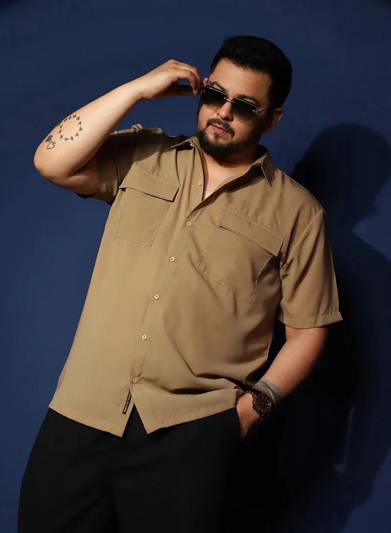 Instafab Plus Instafab Plus Men's Khaki Beige Relaxed Utility Shirt For Casual Wear | Spread Collar | Short Regular Sleeves | Button Closure | Plus Size Shirt Crafted With Comfort Fit For Everyday Wear