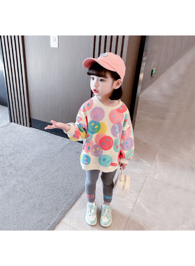 Spring And Autumn Children's Fashion Cartoon Print Smiley Face Sweatshirt Two-piece Set For Toddlers And Kids