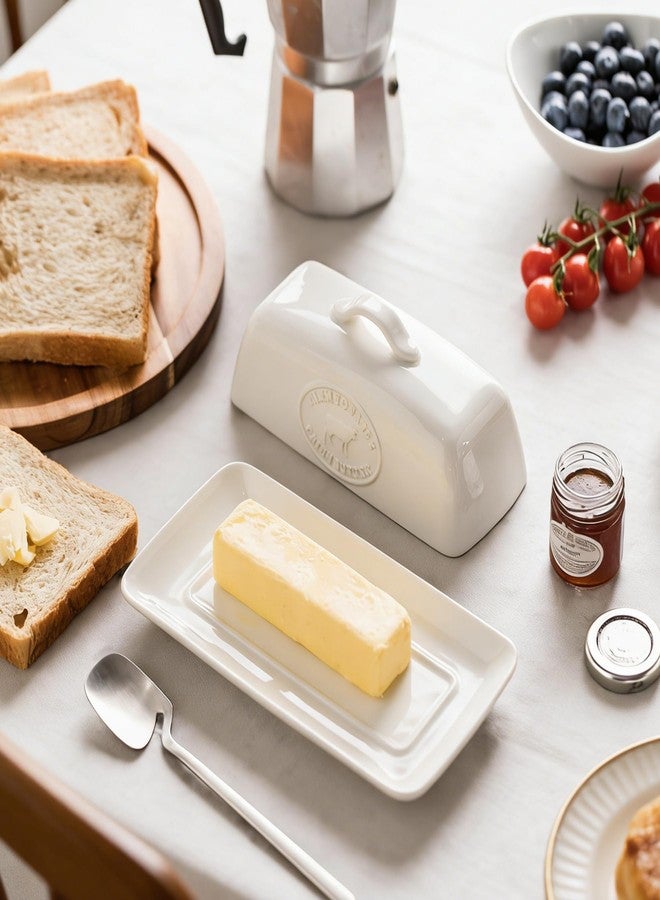 YHOJOY Cow Butter Dish, Ceramic Butter Dish with Lid for Countertop, White Butter Tray with Handle, Farmhouse Covered Butter Holder Container for East West Coast Butter Storage - Image 3