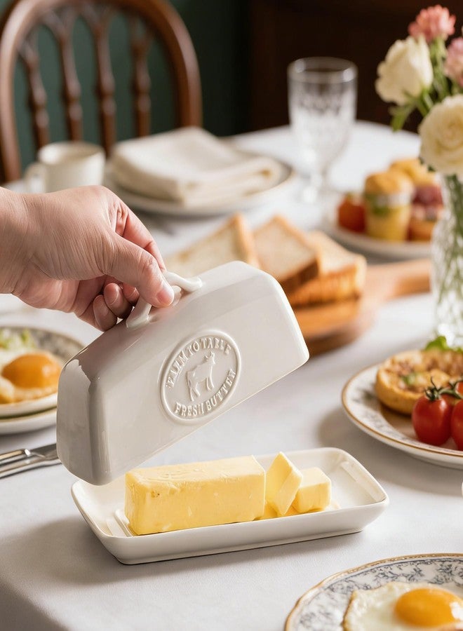 YHOJOY Cow Butter Dish, Ceramic Butter Dish with Lid for Countertop, White Butter Tray with Handle, Farmhouse Covered Butter Holder Container for East West Coast Butter Storage - Image 4