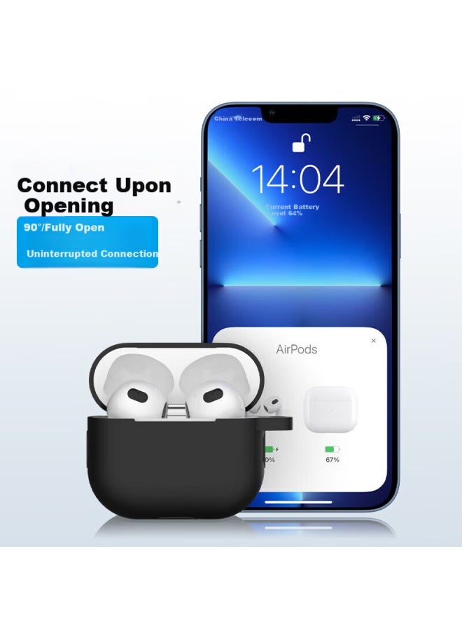 Yiou Airpods 3rd Generation Protective Case For Apple 3rd Gen Wireless Bluetooth Earphones, Non-slip, Drop-proof Liquid Silicone Slim Storage Box With Hook, Anti-fingerprint, Black - Image 2