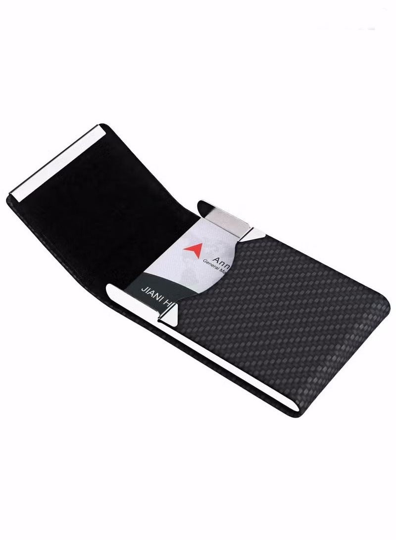 Generic Business Card Holder, Metal Business Card Case Pocket, Card Holder for Women & Men, Professional PU Leather Business Card Holders RFID Blocking Name Card Holder Case with Magnetic Clasp, Black Carbon  - Image 2