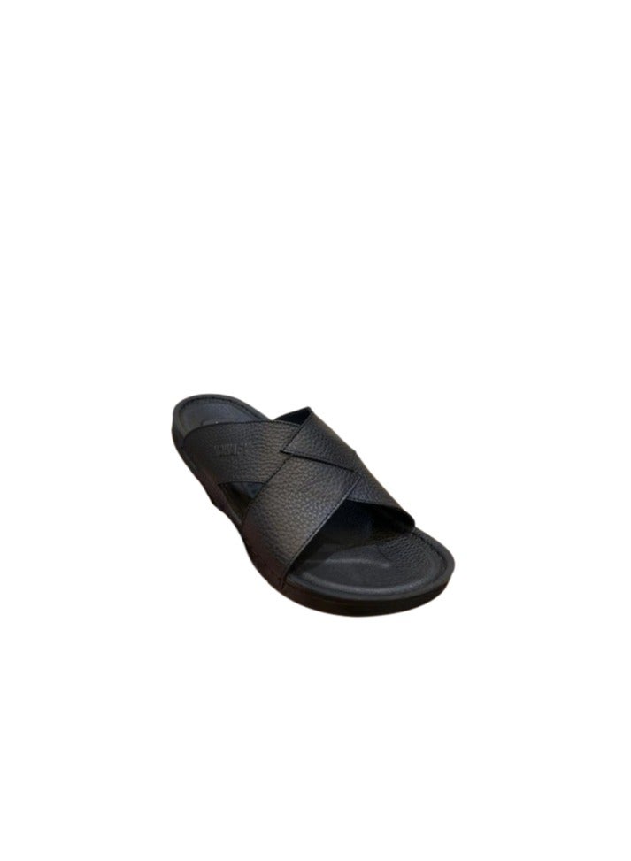 Hand Made Men's leather slippers made from natural leather; handcrafted men's sandals with a leather insole and orthopedic sole, ideal for those who suffer from heel pain. Available in Black  - Image 1