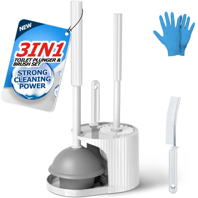 FORASTO 3 in 1 Toilet Brush and Plunger Set,Toilet Bowl Brush Plunger Set,Toilet Brush Plunger Combo,Cleaning Brush,Cleaning Supplies, Crevice Cleaning Brush, Bathroom Cleaning Tools, Pearl White - Image 1