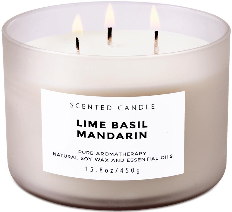T H Lime Basil Mandarin Scented Candle - Large 3-Wick Soy Candle, 15.8 oz - Fresh Citrus Aromatherapy Candle - Long-Lasting Clean Burn - Stress Relief Candles - Gift for Women & Men - Image 1